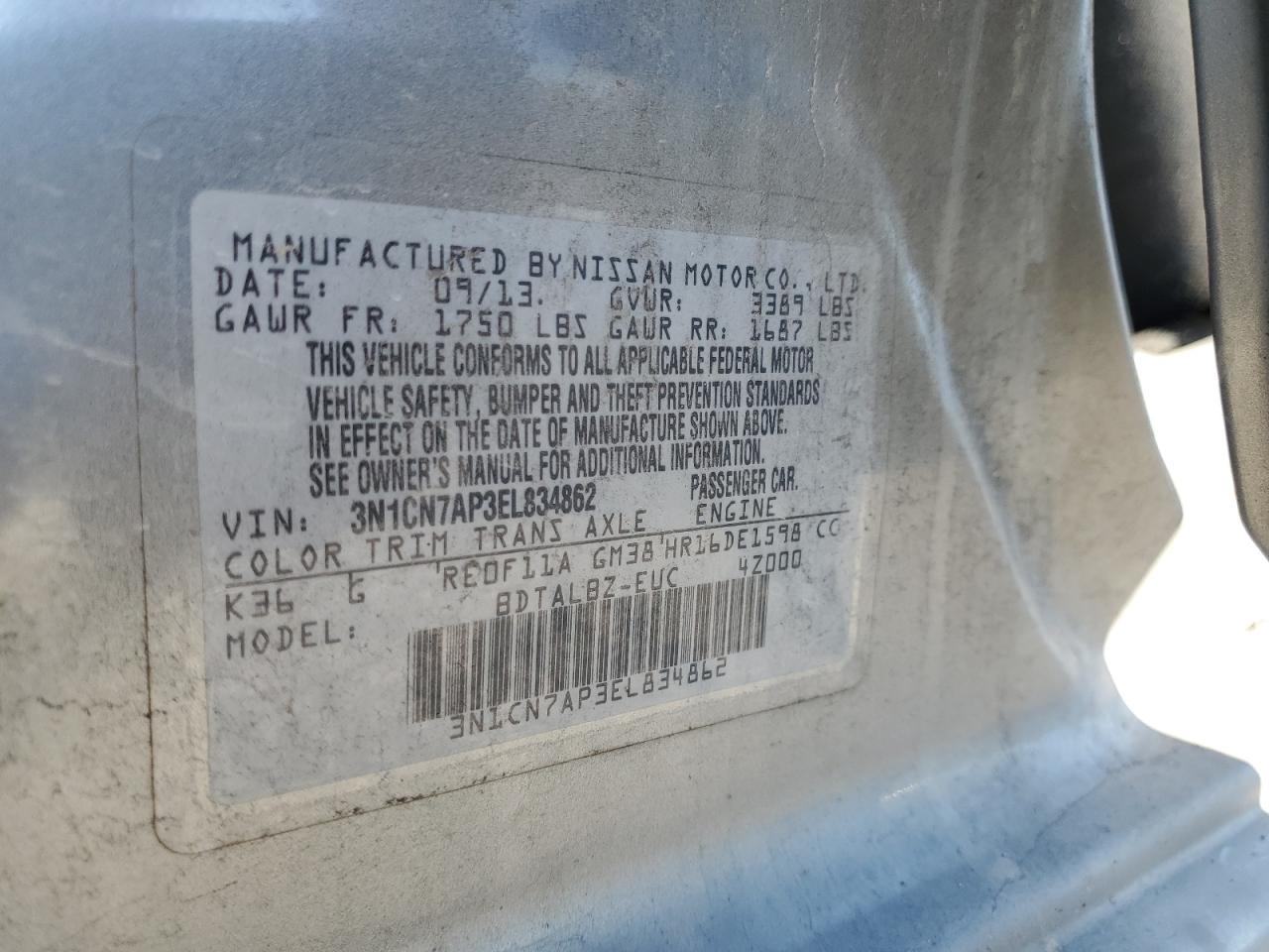 2014 Nissan Versa S VIN: 3N1CN7AP3EL834862 Lot: 83811725