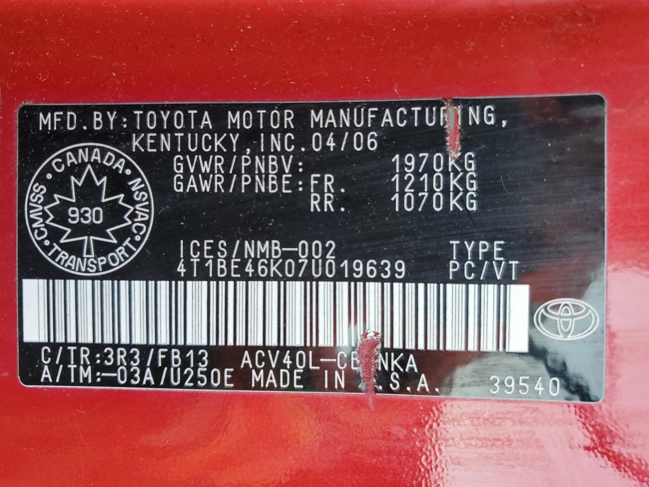 2007 Toyota Camry Ce VIN: 4T1BE46K07U019639 Lot: 71251545