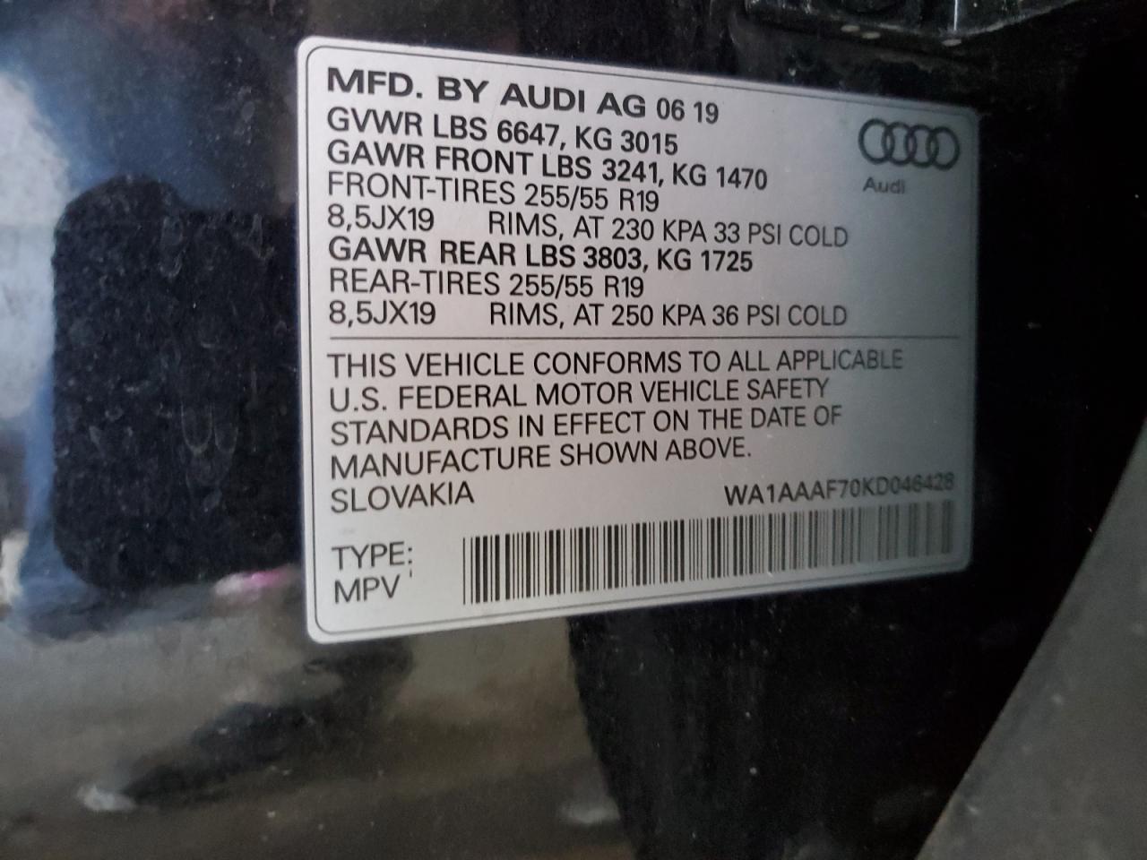 2019 Audi Q7 Premium VIN: WA1AAAF70KD046428 Lot: 82074225