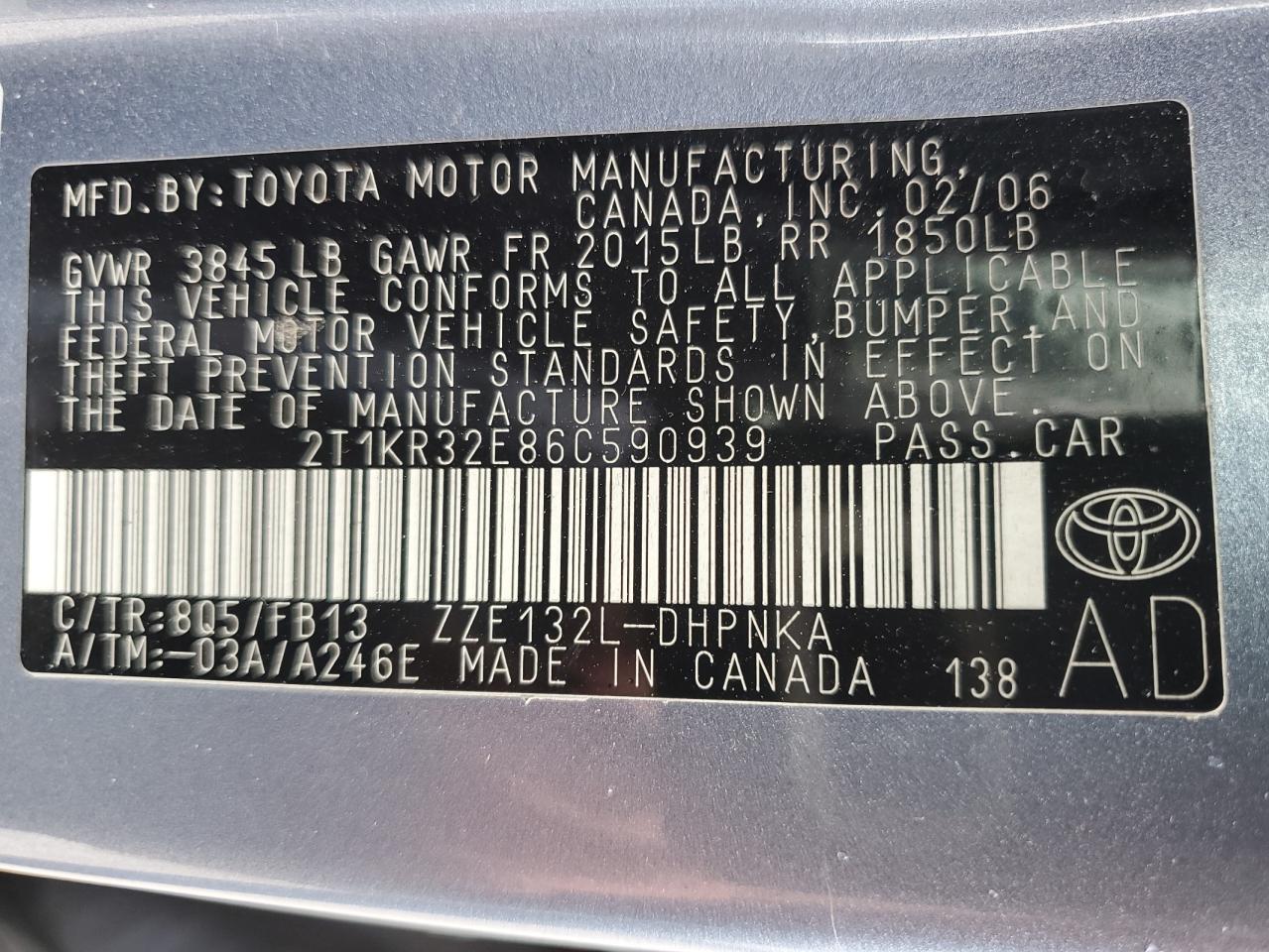 2006 Toyota Corolla Matrix Xr VIN: 2T1KR32E86C590939 Lot: 81691455