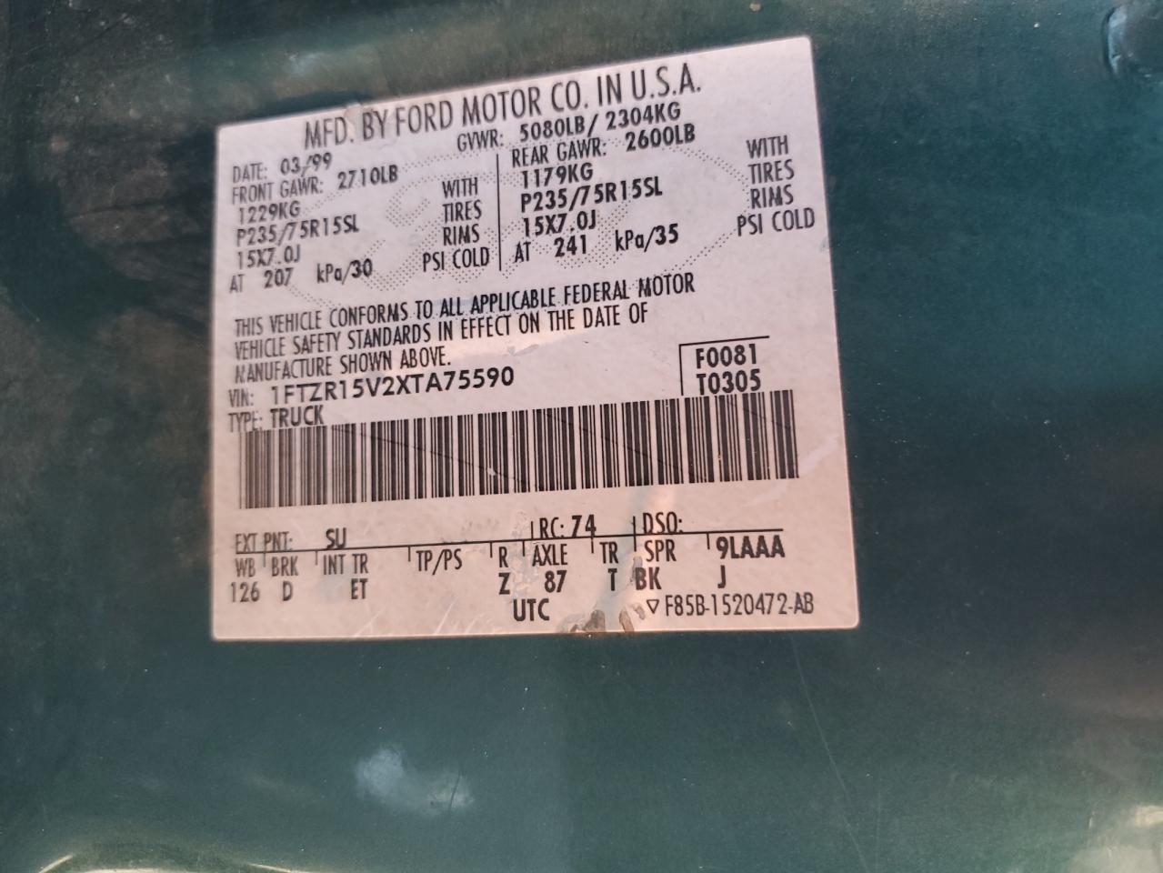 1999 Ford Ranger Super Cab VIN: 1FTZR15V2XTA75590 Lot: 81501975