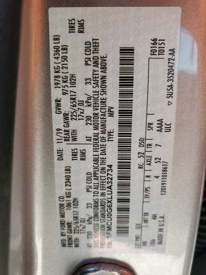 2020 Ford Escape Se VIN: 1FMCU0G6XLUA32734 Lot: 83823105