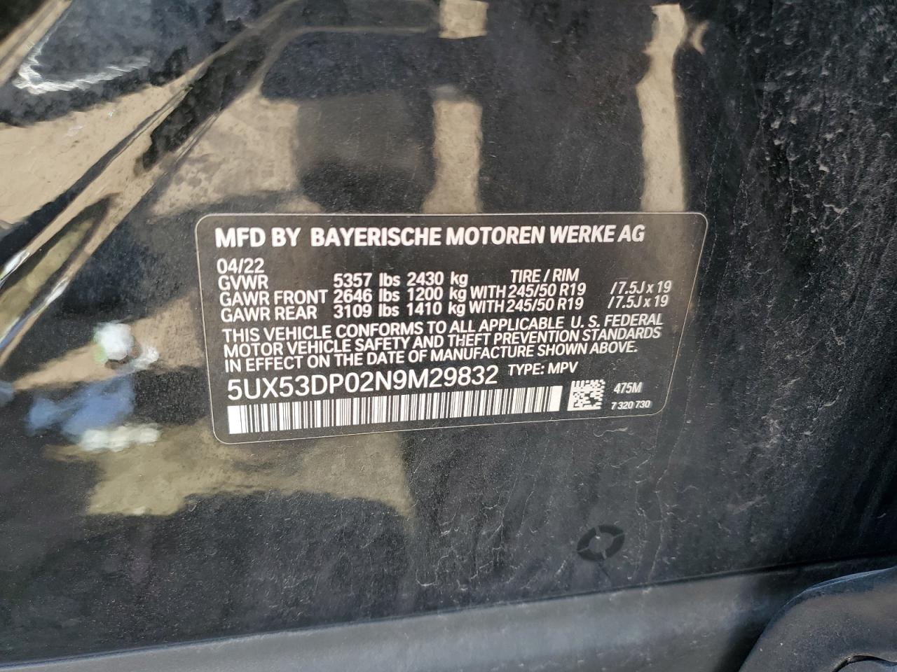 2022 BMW X3 xDrive30I VIN: 5UX53DP02N9M29832 Lot: 80183385