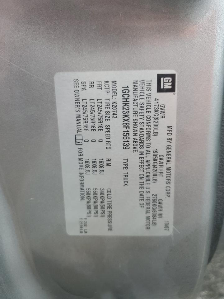 2008 Chevrolet Silverado K2500 Heavy Duty VIN: 1GCHK23KX8F156139 Lot: 71171175