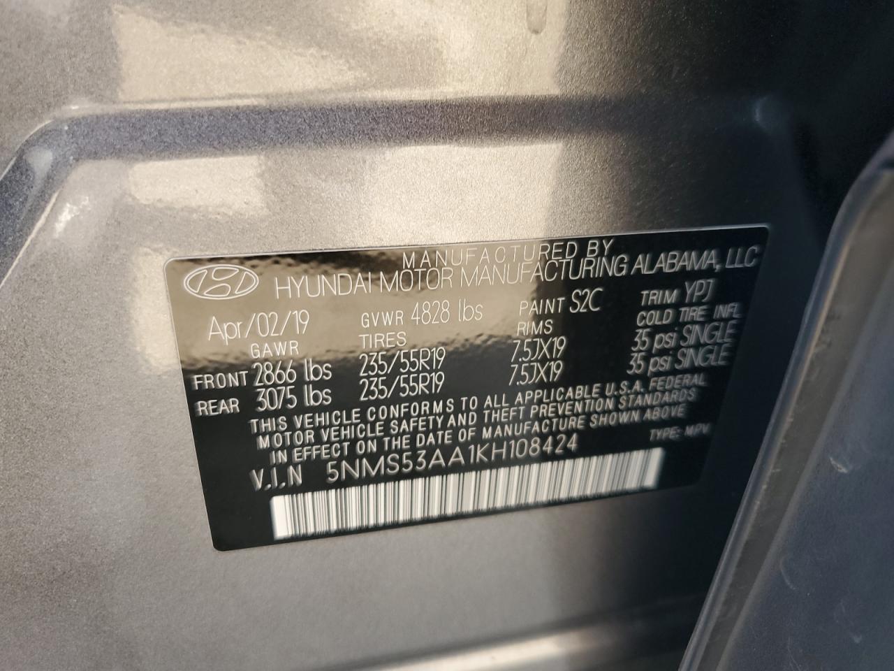 2019 Hyundai Santa Fe Limited VIN: 5NMS53AA1KH108424 Lot: 80810575