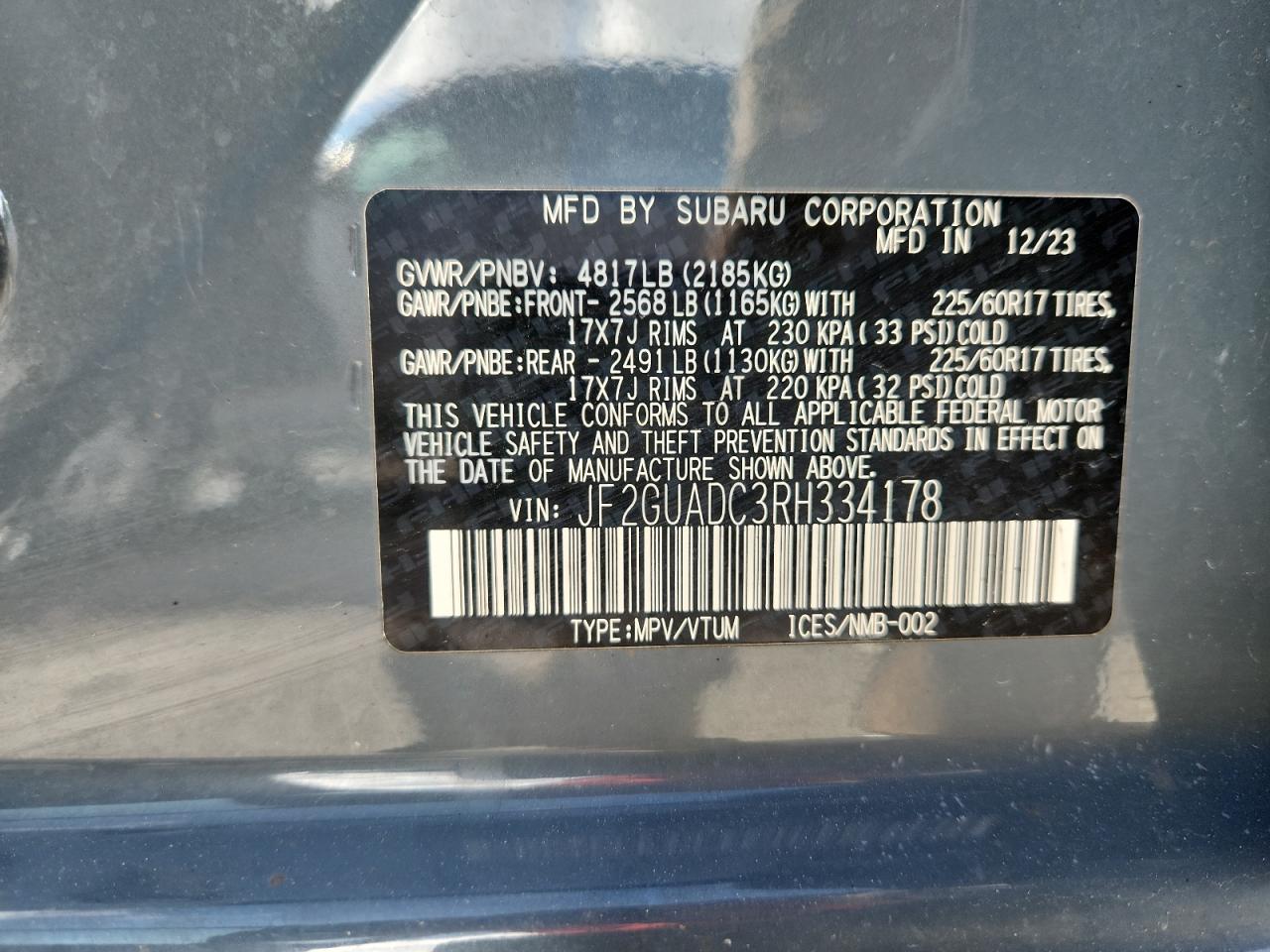 2024 Subaru Crosstrek Premium VIN: JF2GUADC3RH334178 Lot: 83831695