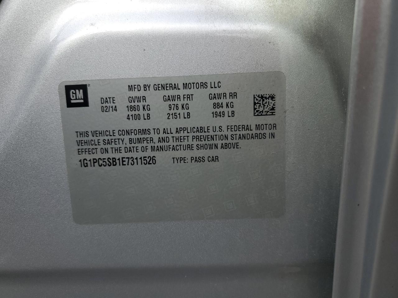 2014 Chevrolet Cruze Lt VIN: 1G1PC5SB1E7311526 Lot: 82105285