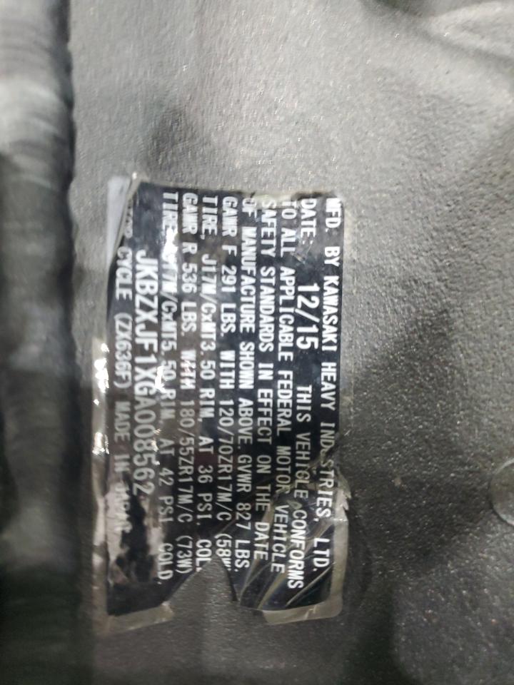 2016 Kawasaki Zx636 F VIN: JKBZXJF1XGA008562 Lot: 80649395