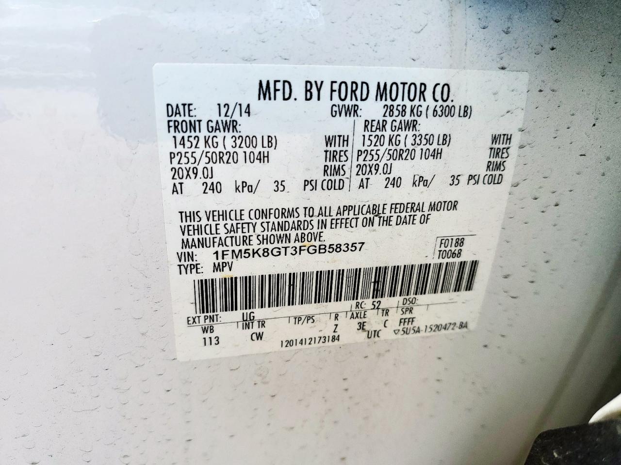 2015 Ford Explorer Sport VIN: 1FM5K8GT3FGB58357 Lot: 83950305