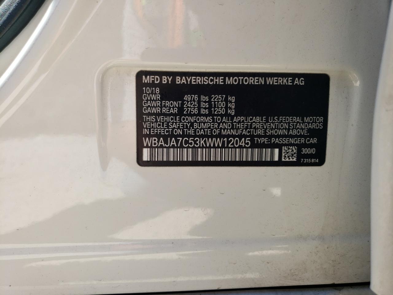 2019 BMW 530 Xi VIN: WBAJA7C53KWW12045 Lot: 80407725