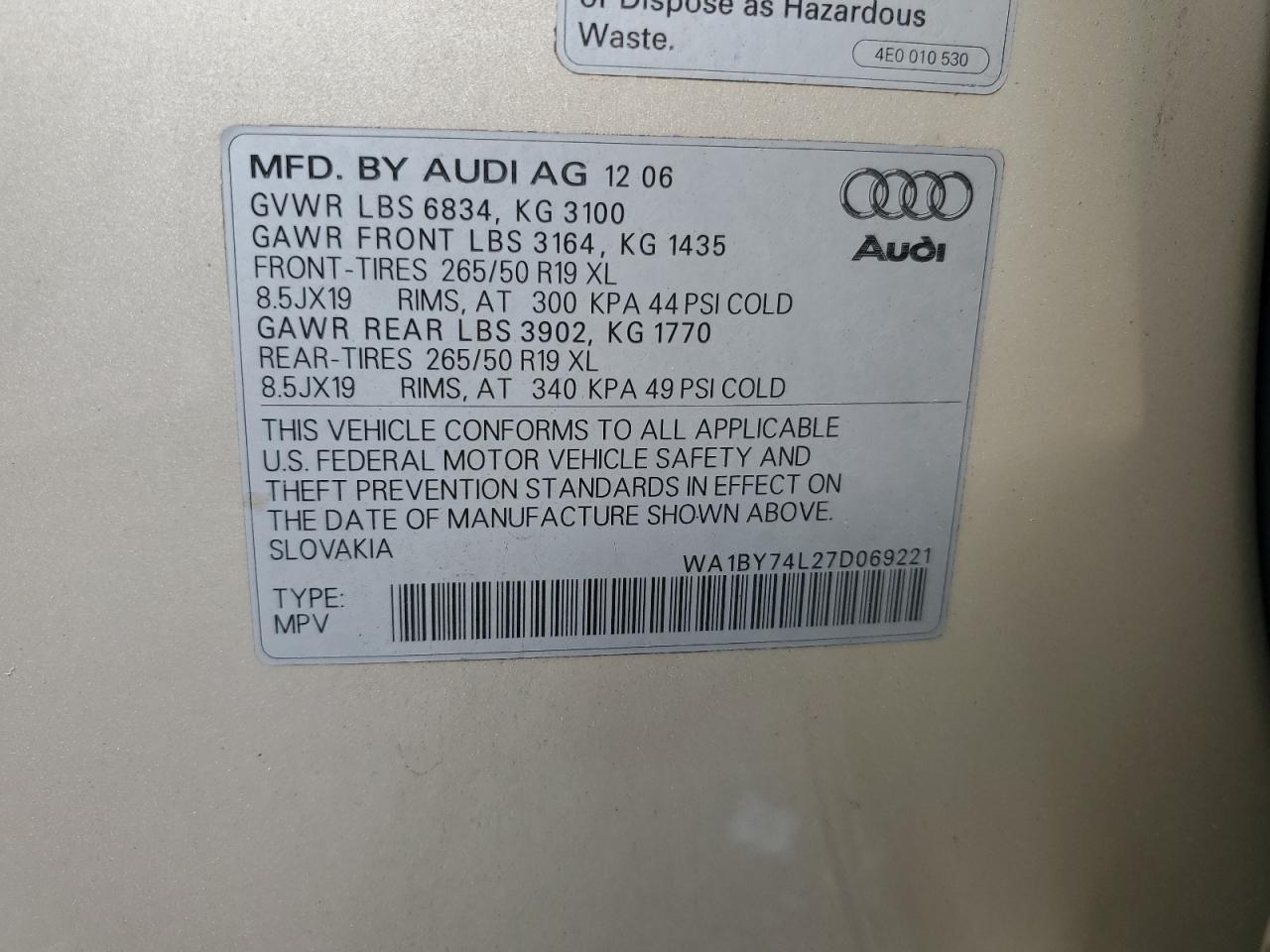 2007 Audi Q7 3.6 Quattro Premium VIN: WA1BY74L27D069221 Lot: 84223335