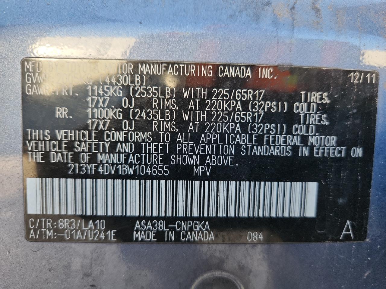 2011 Toyota Rav4 Limited VIN: 2T3YF4DV1BW104655 Lot: 81278805