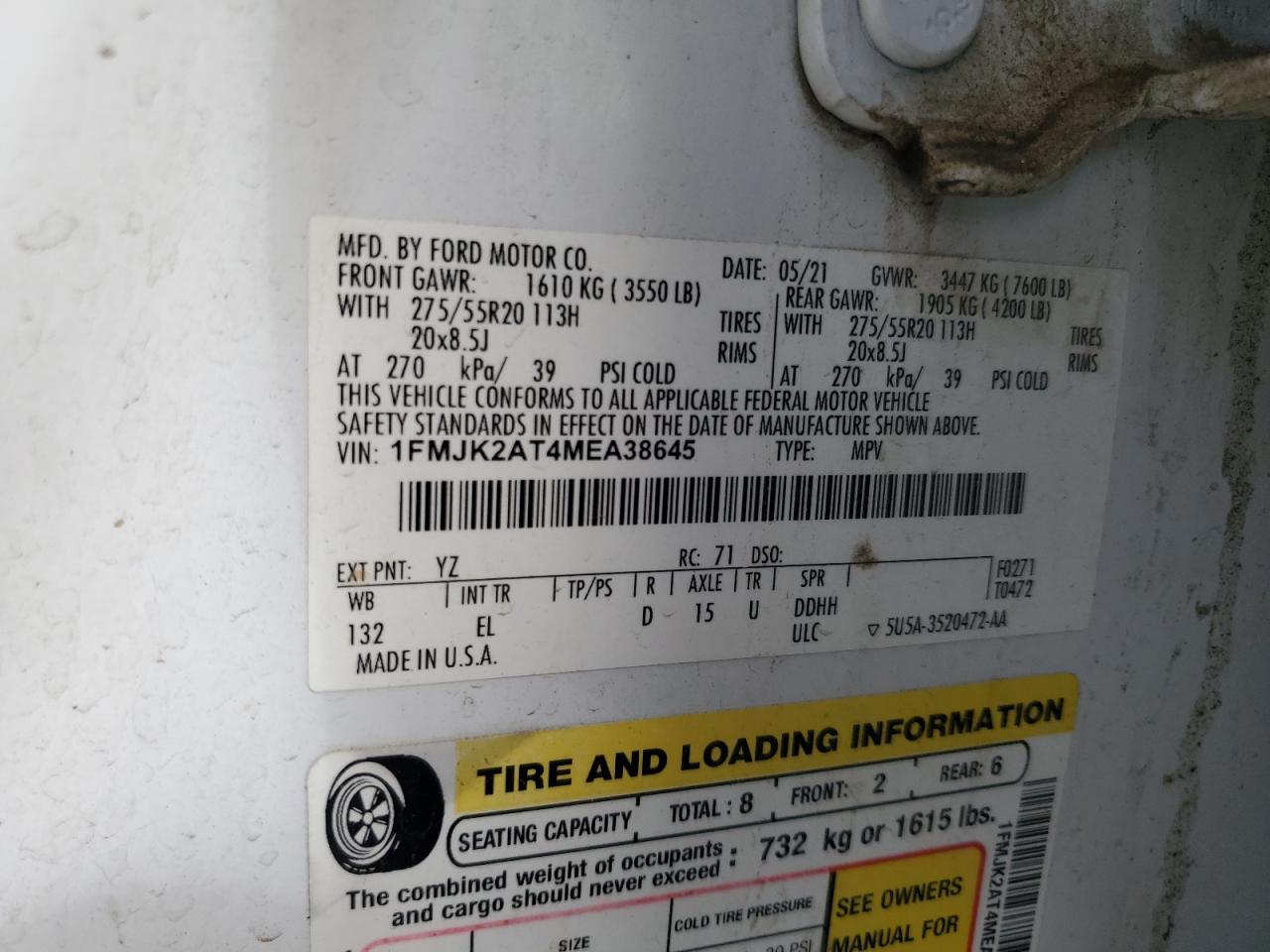 2021 Ford Expedition Max Limited VIN: 1FMJK2AT4MEA38645 Lot: 82048865