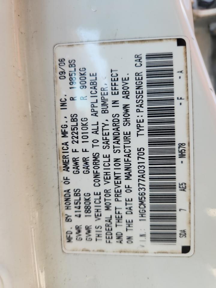 2007 Honda Accord Se VIN: 1HGCM56377A031705 Lot: 80897315