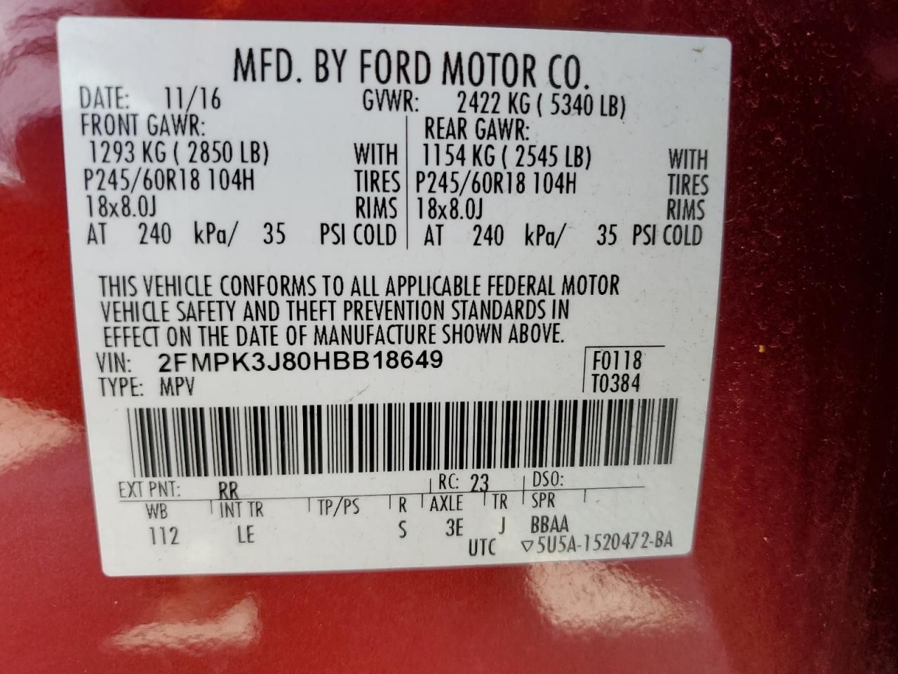 2017 Ford Edge Sel VIN: 2FMPK3J80HBB18649 Lot: 81375025