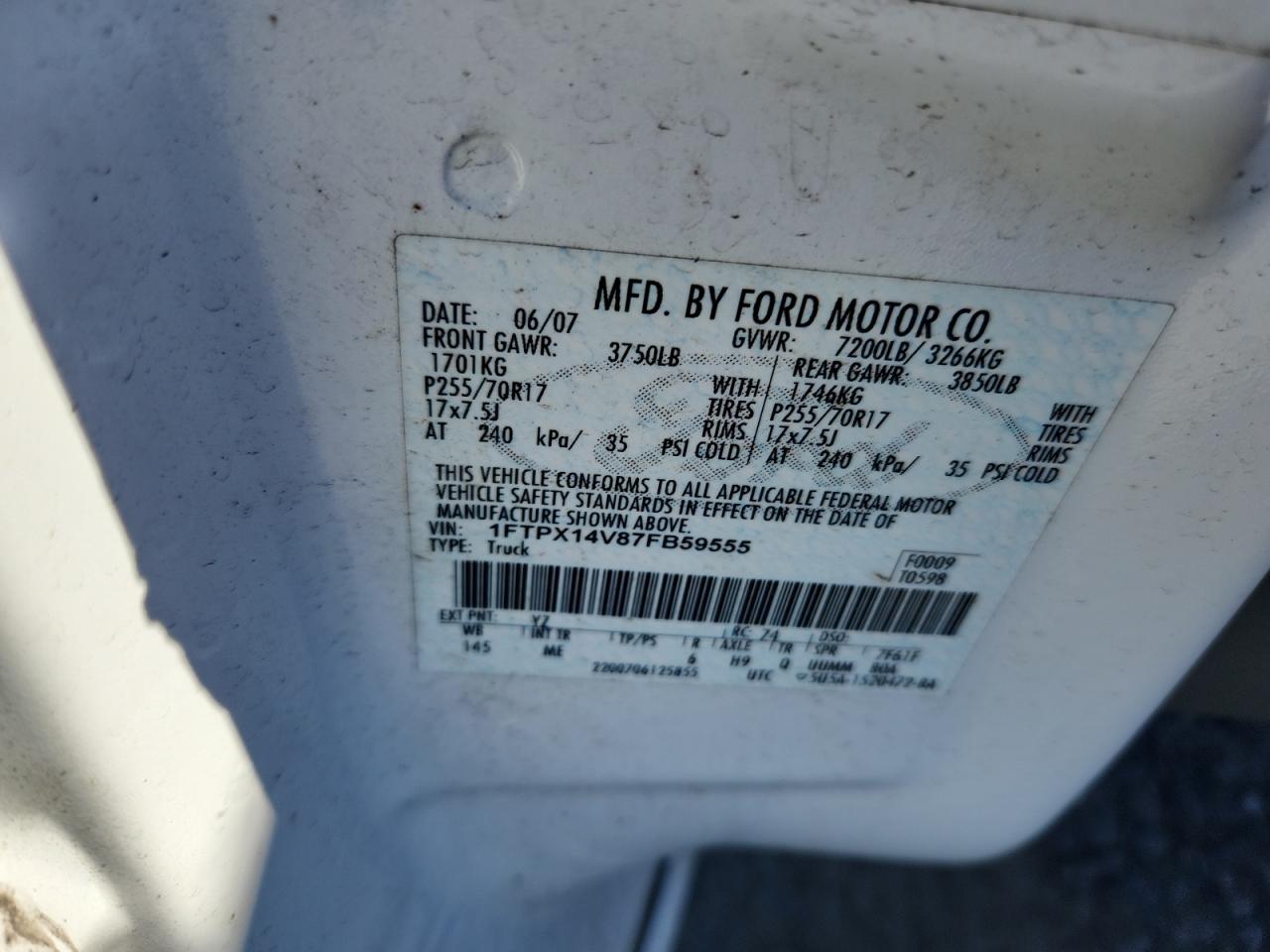 2007 Ford F150 VIN: 1FTPX14V87FB59555 Lot: 83750065