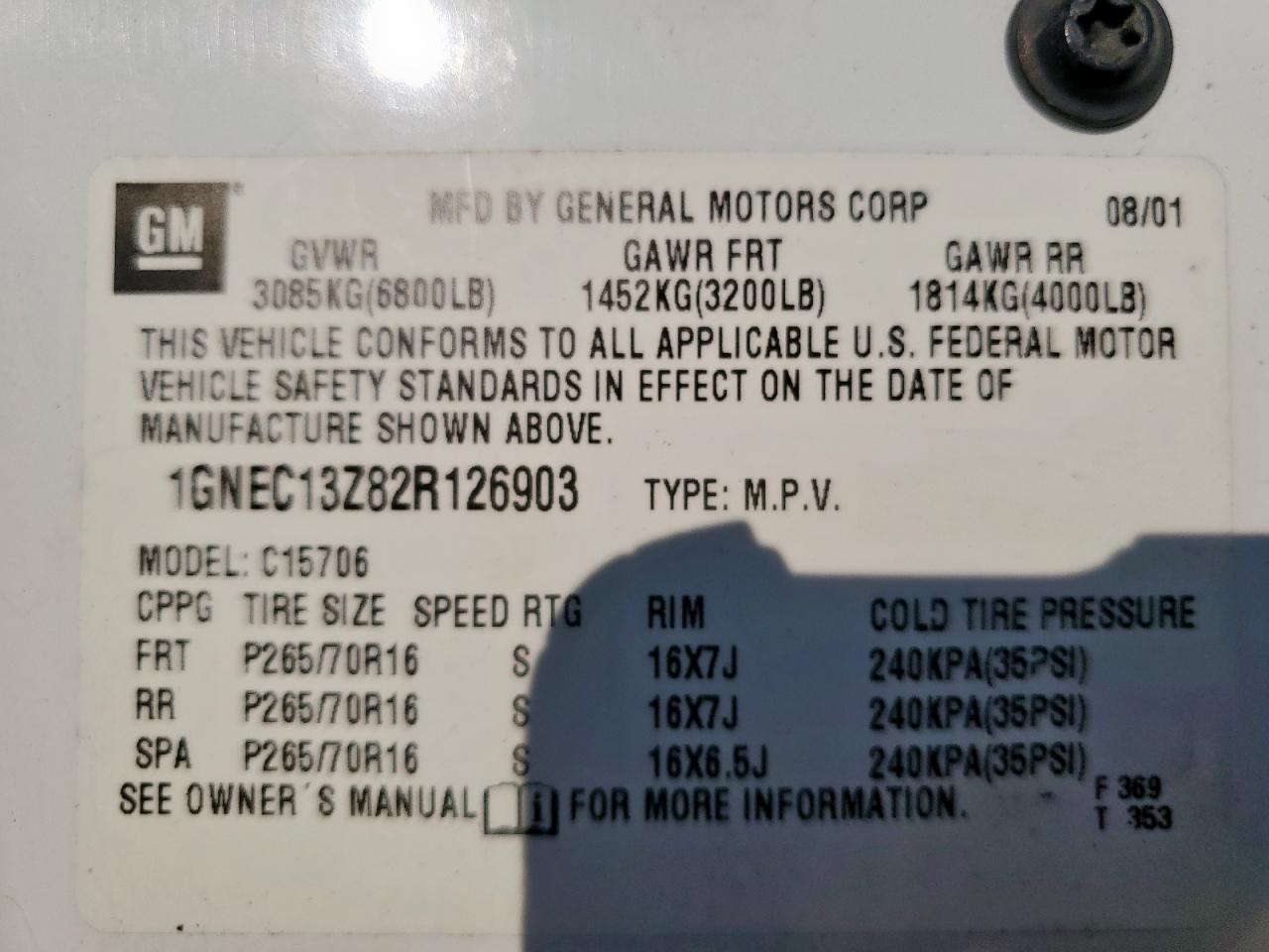 2002 Chevrolet Tahoe C1500 VIN: 1GNEC13Z82R126903 Lot: 80138835