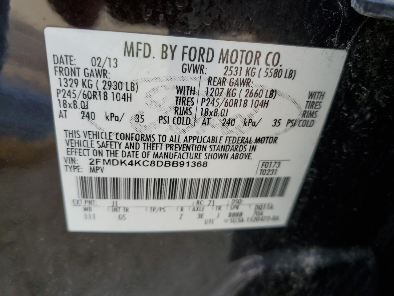 2013 Ford Edge Limited VIN: 2FMDK4KC8DBB91368 Lot: 71458435