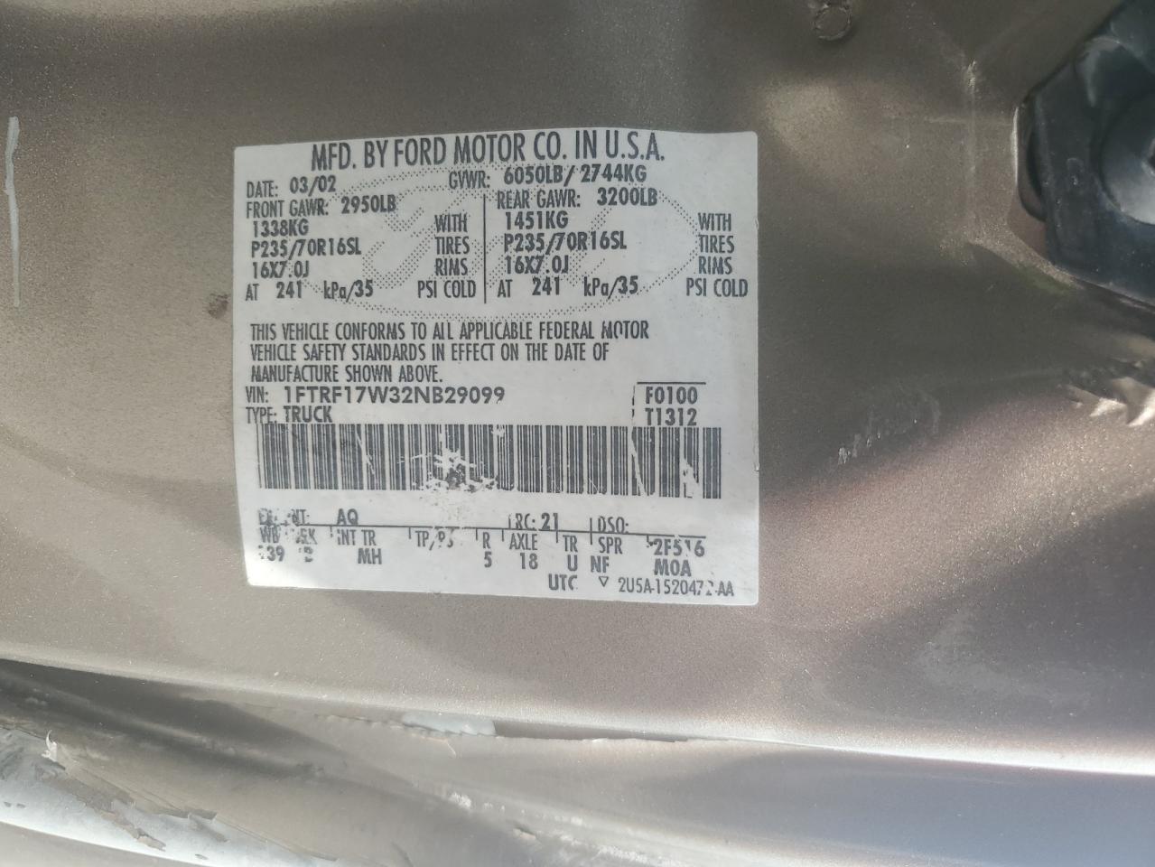 2002 Ford F150 VIN: 1FTRF17W32NB29099 Lot: 81901725