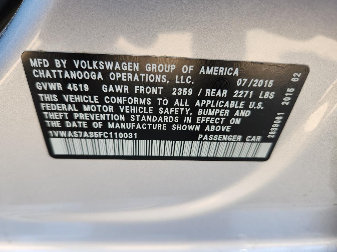 2015 Volkswagen Passat S VIN: 1VWAS7A35FC110031 Lot: 81515295