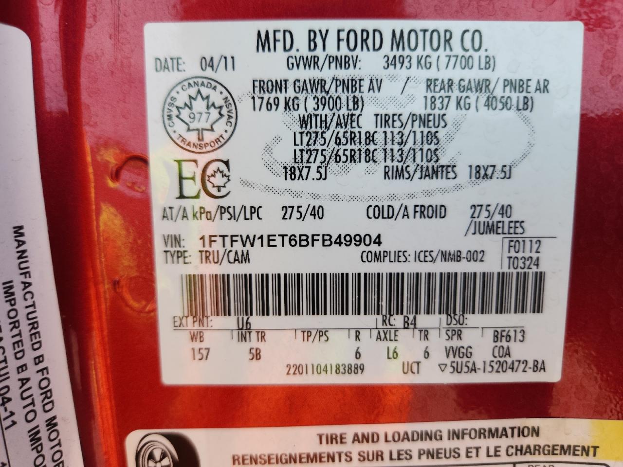 2011 Ford F150 Supercrew VIN: 1FTFW1ET6BFB49904 Lot: 81627305