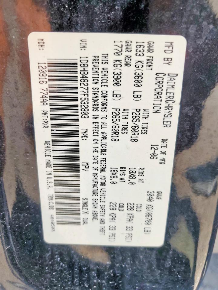 2007 Dodge Durango Slt VIN: 1D8HB48277F532803 Lot: 84757655