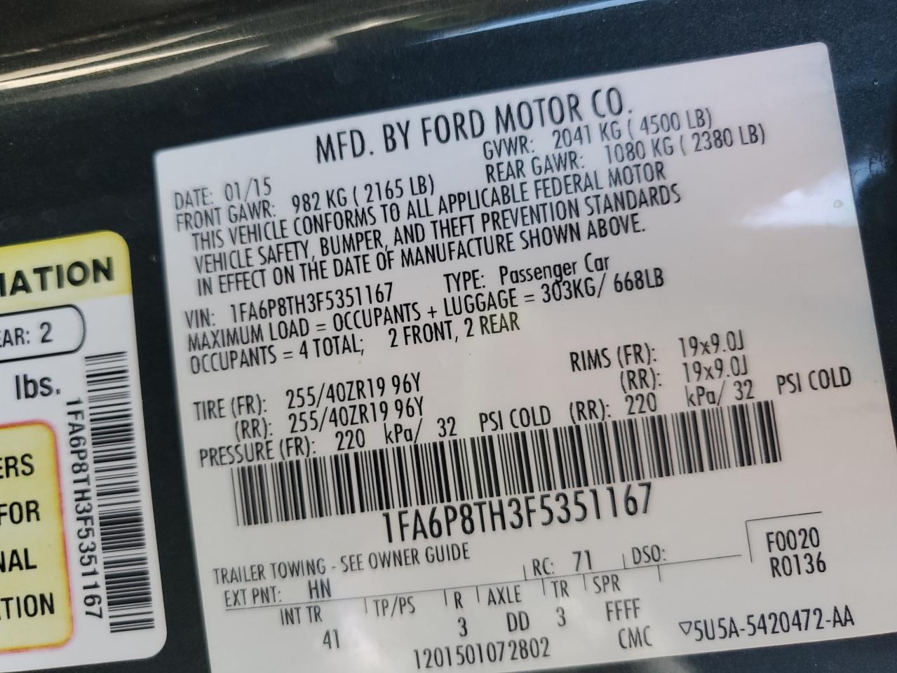 2015 Ford Mustang VIN: 1FA6P8TH3F5351167 Lot: 72086115