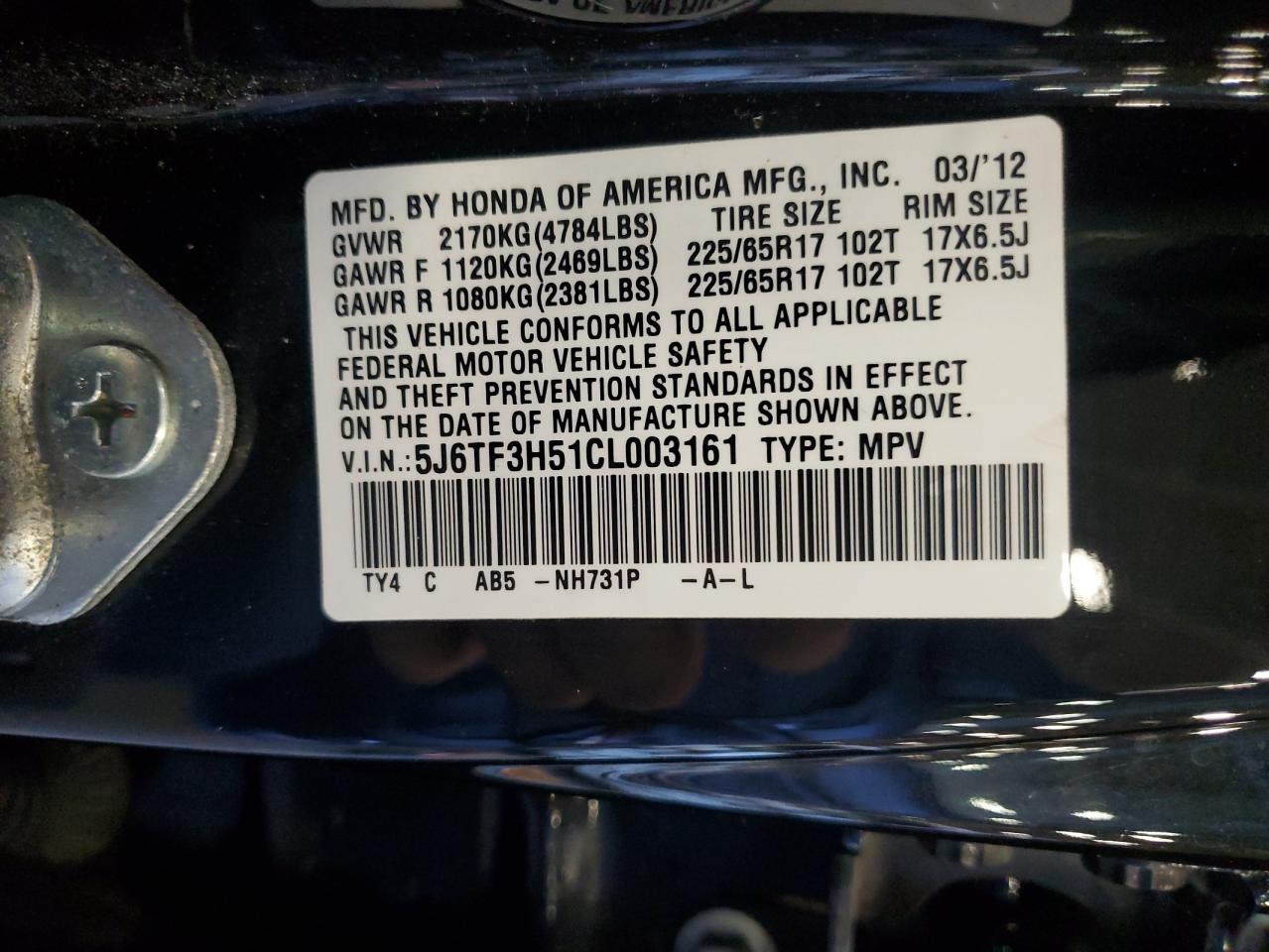 2012 Honda Crosstour Exl VIN: 5J6TF3H51CL003161 Lot: 81827065