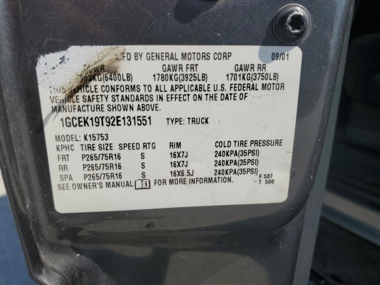 2002 Chevrolet Silverado K1500 VIN: 1GCEK19T92E131551 Lot: 80458365