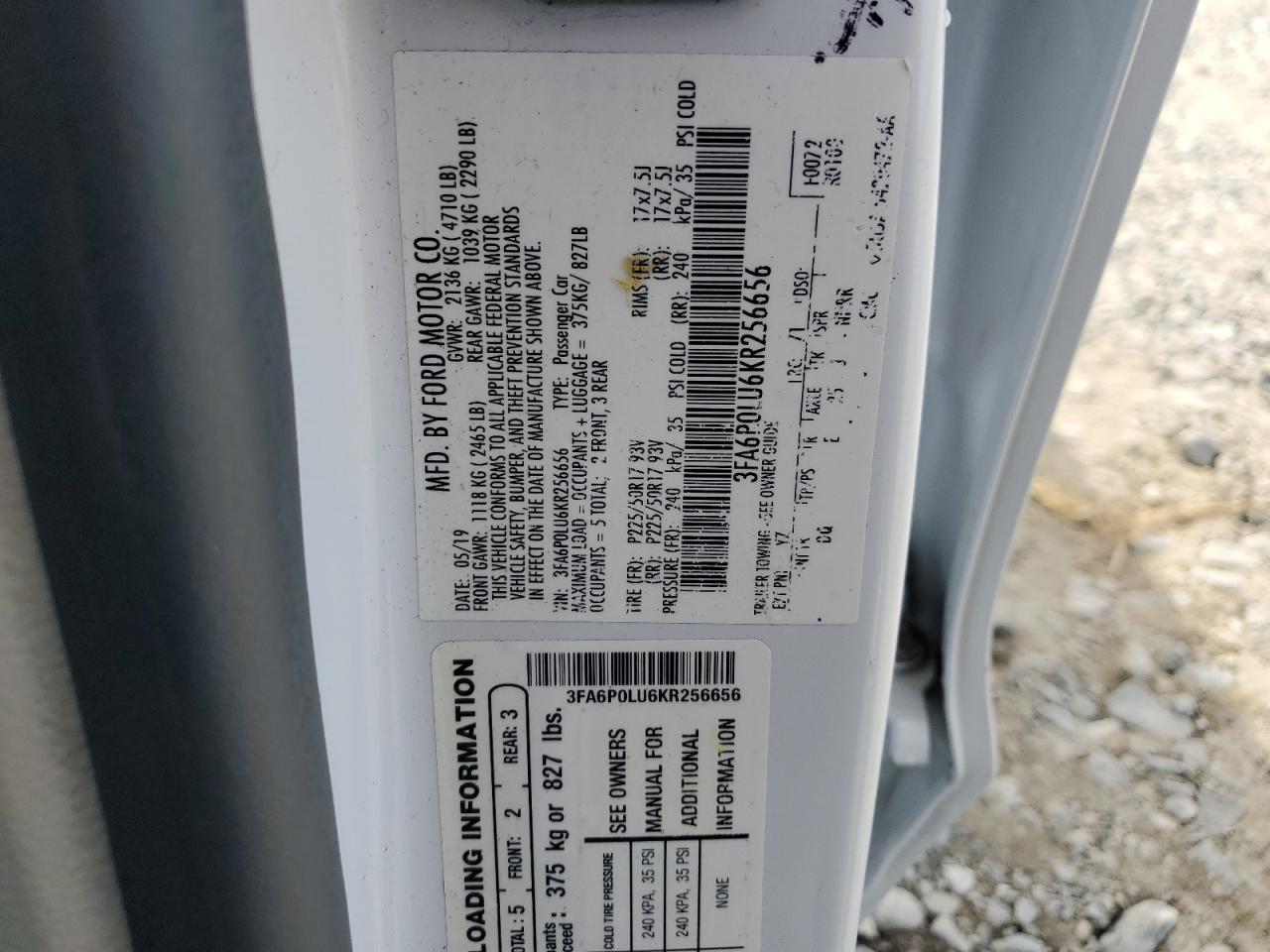 2019 Ford Fusion Se VIN: 3FA6P0LU6KR256656 Lot: 80145875