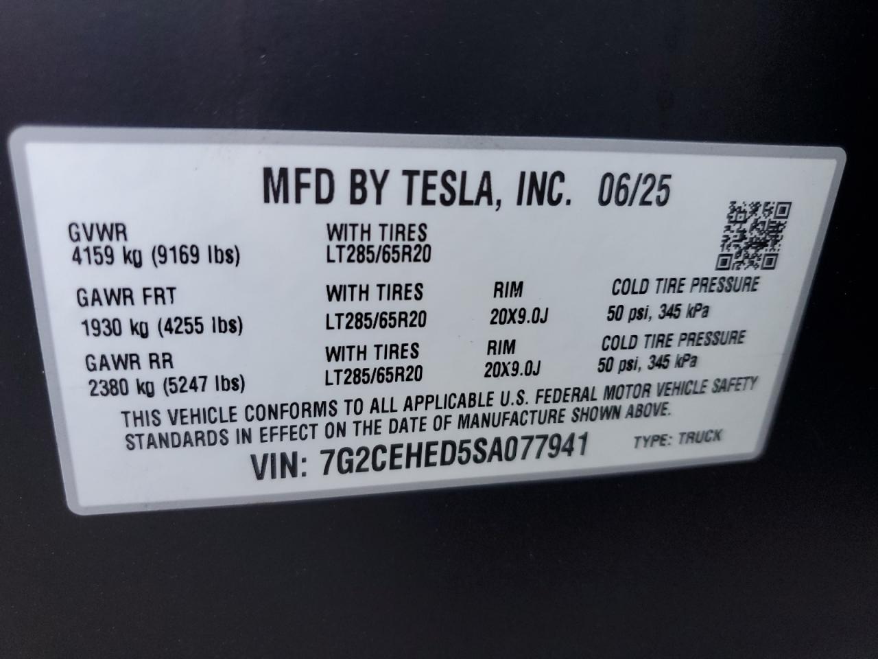 2025 Tesla Cybertruck VIN: 7G2CEHED5SA077941 Lot: 81698055