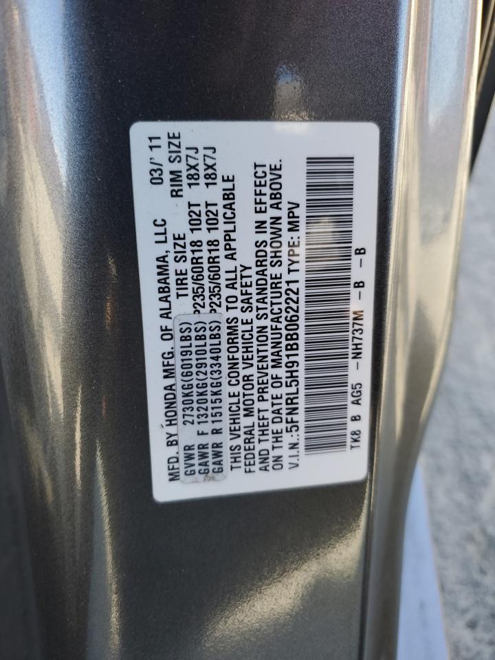 2011 Honda Odyssey Touring VIN: 5FNRL5H91BB062221 Lot: 70584965