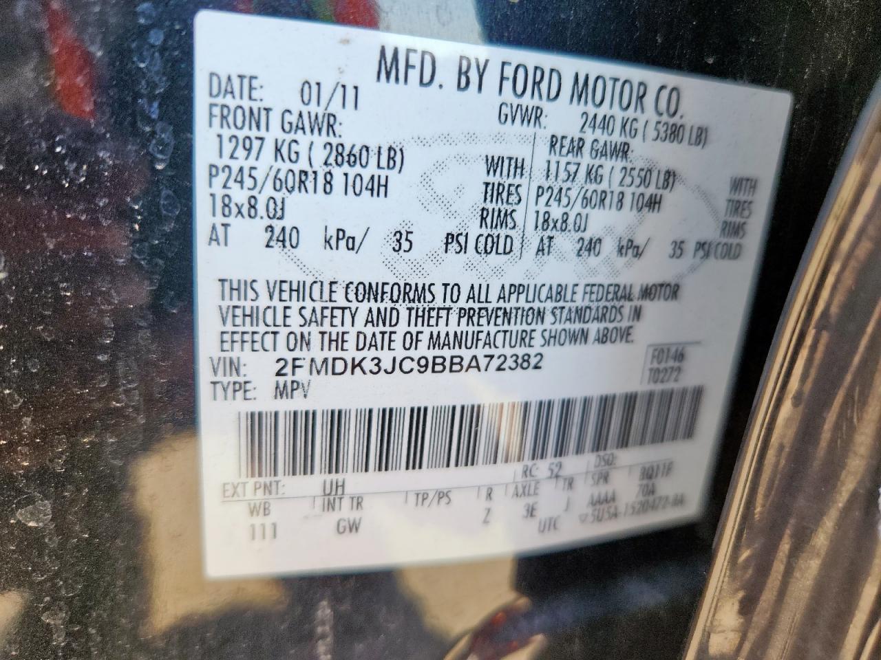 2011 Ford Edge Sel VIN: 2FMDK3JC9BBA72382 Lot: 43397019