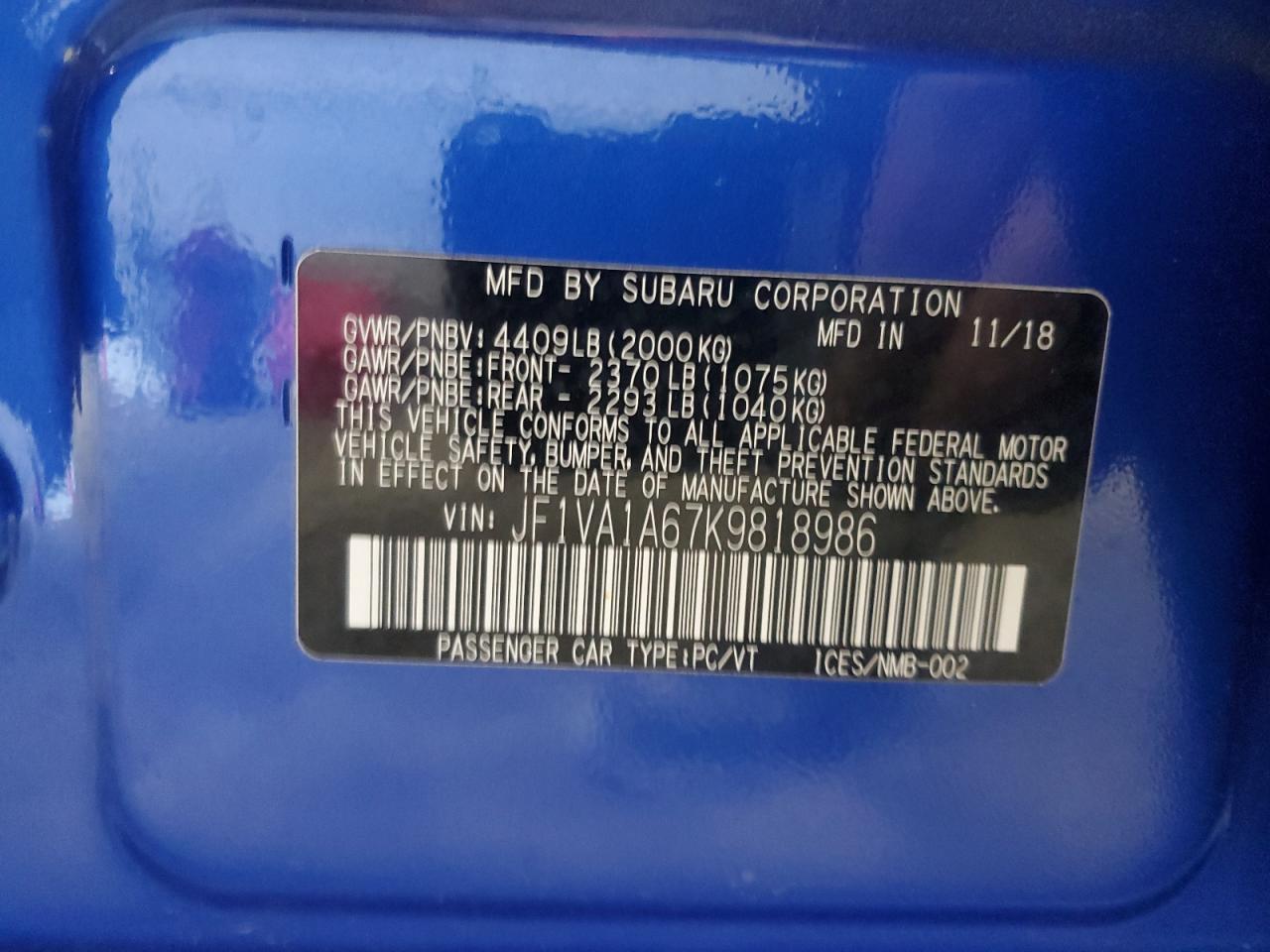 2019 Subaru Wrx VIN: JF1VA1A67K9818986 Lot: 80951945