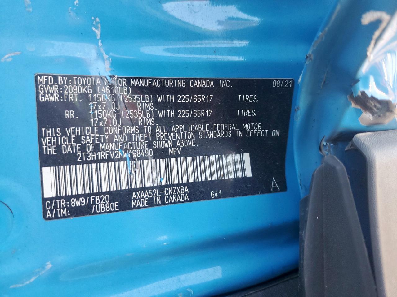 2021 Toyota Rav4 Le VIN: 2T3H1RFV2MW168490 Lot: 71567115