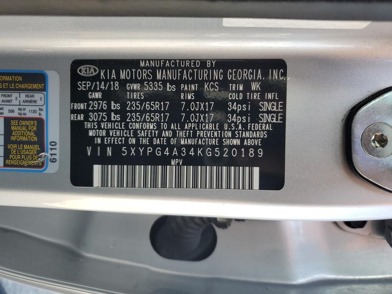 2019 Kia Sorento L VIN: 5XYPG4A34KG520189 Lot: 80807715