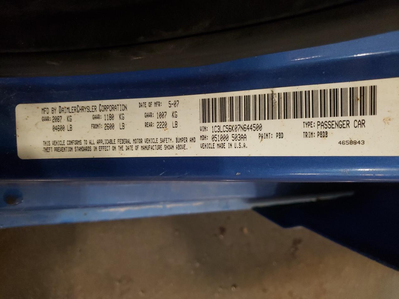 2007 Chrysler Sebring Touring VIN: 1C3LC56K07N644500 Lot: 81503175
