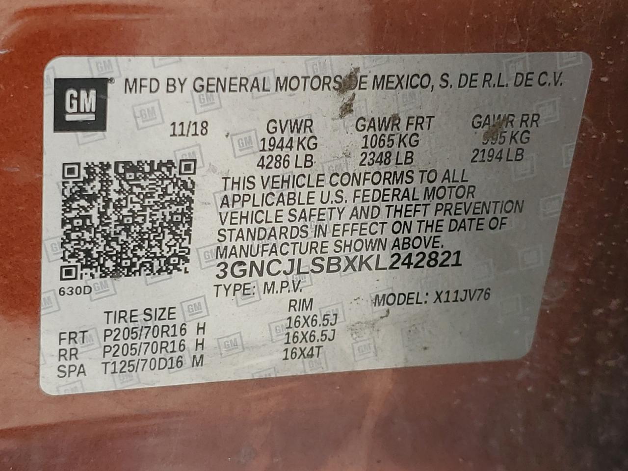 2019 Chevrolet Trax 1Lt VIN: 3GNCJLSBXKL242821 Lot: 71235245