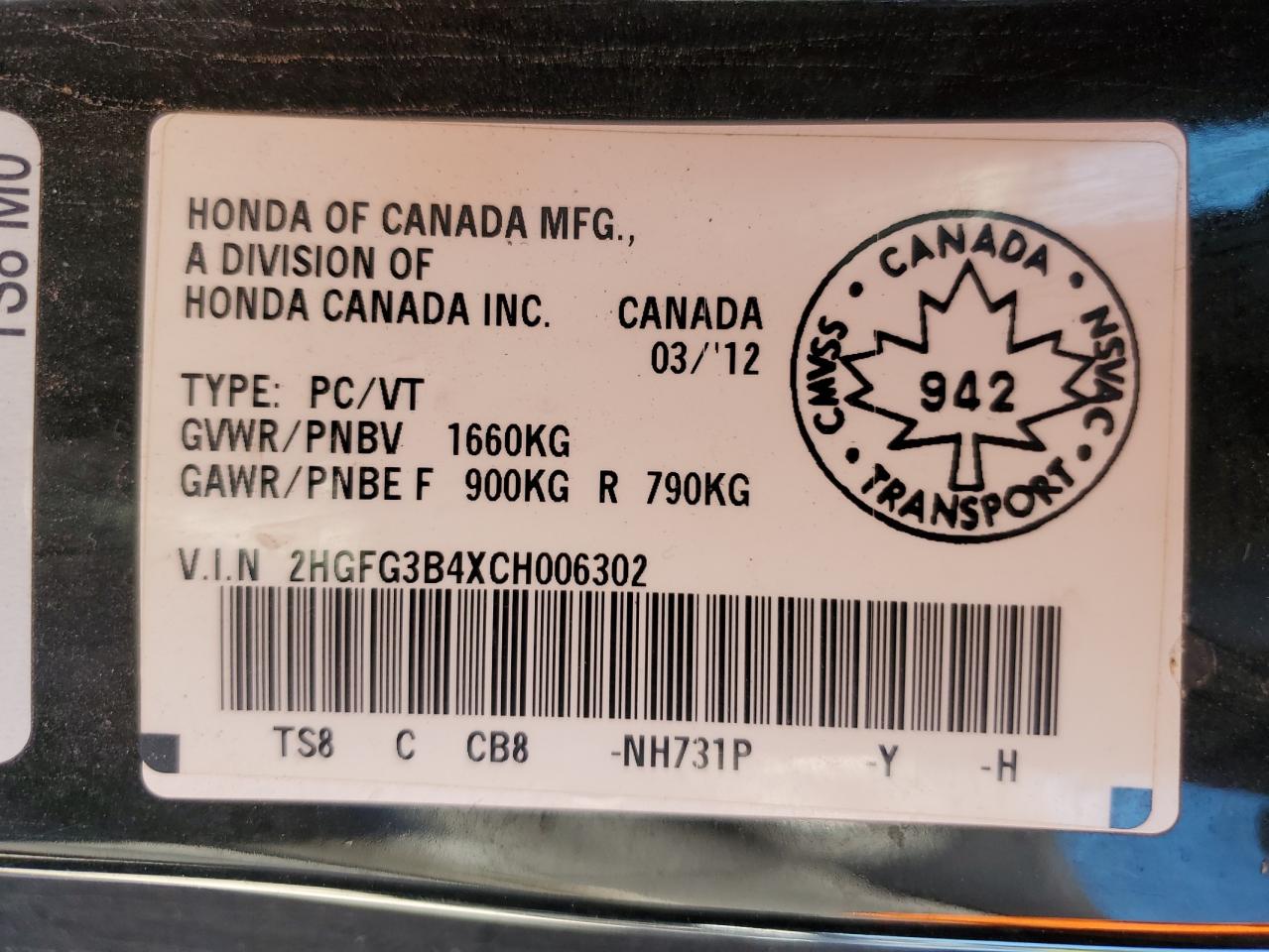 2012 Honda Civic Lx VIN: 2HGFG3B4XCH006302 Lot: 83973355