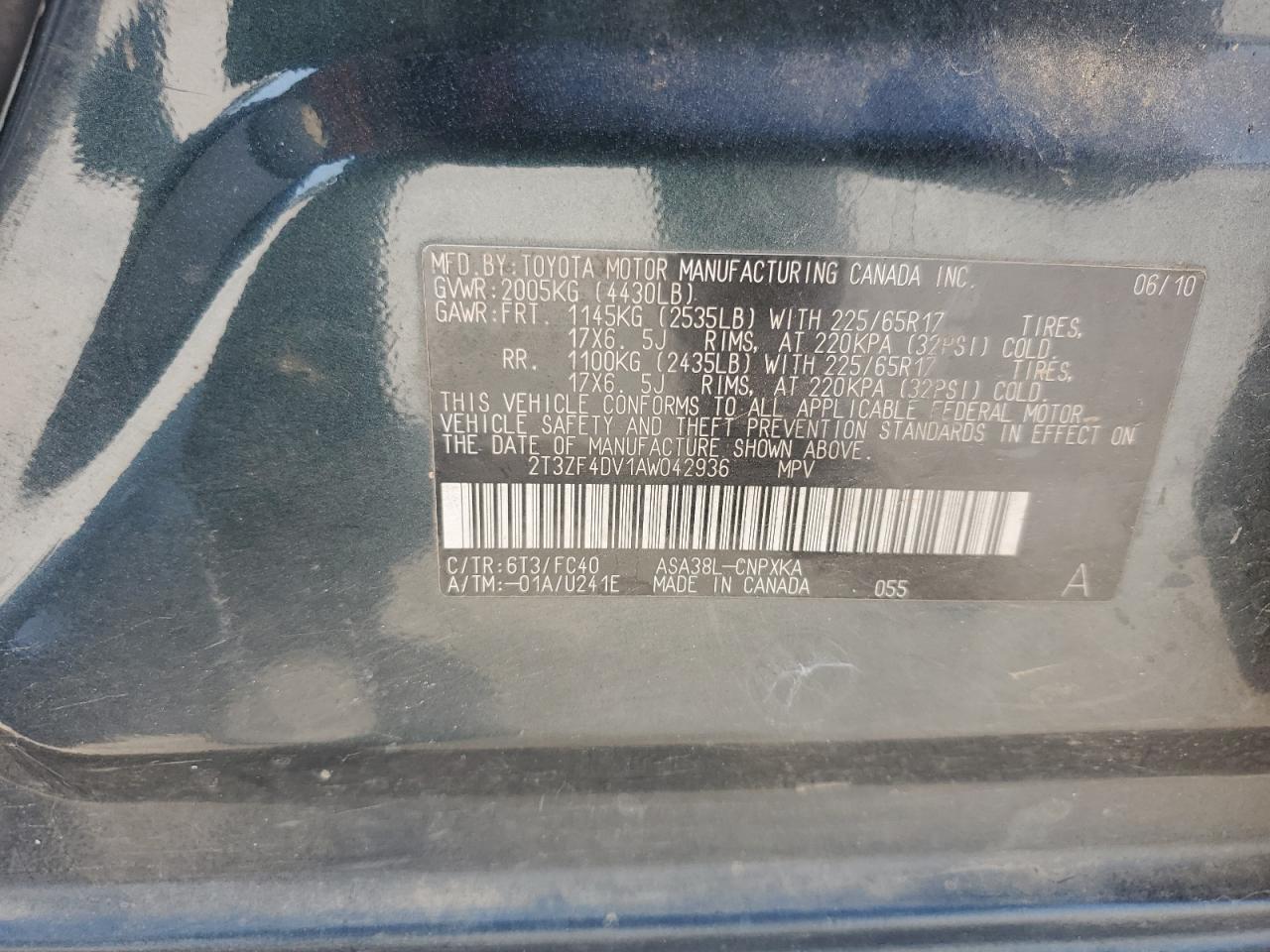 2010 Toyota Rav4 VIN: 2T3ZF4DV1AW042936 Lot: 80823595