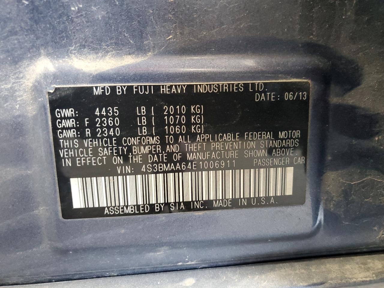 2014 Subaru Legacy 2.5I VIN: 4S3BMAA64E1006911 Lot: 83762655