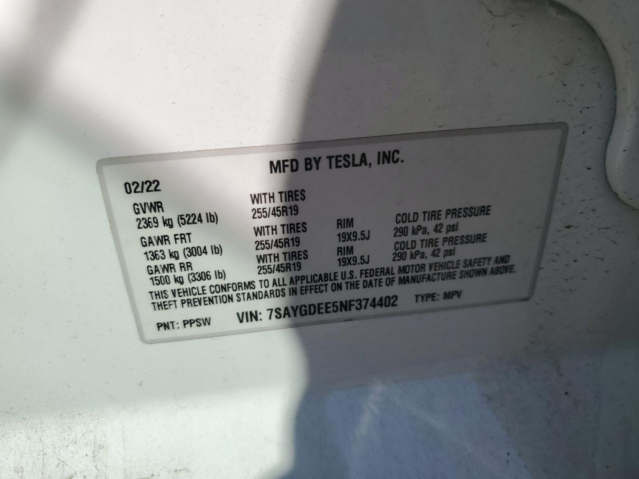 2022 Tesla Model Y VIN: 7SAYGDEE5NF374402 Lot: 71036825