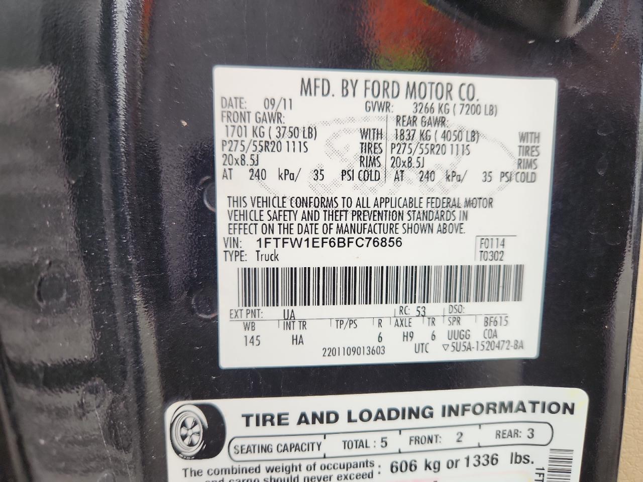 2011 Ford F150 Supercrew VIN: 1FTFW1EF6BFC76856 Lot: 81307725