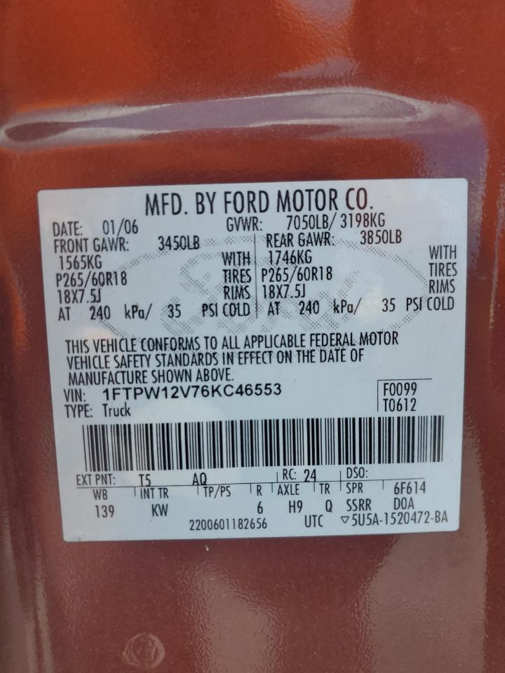 2006 Ford F150 Supercrew VIN: 1FTPW12V76KC46553 Lot: 82069485