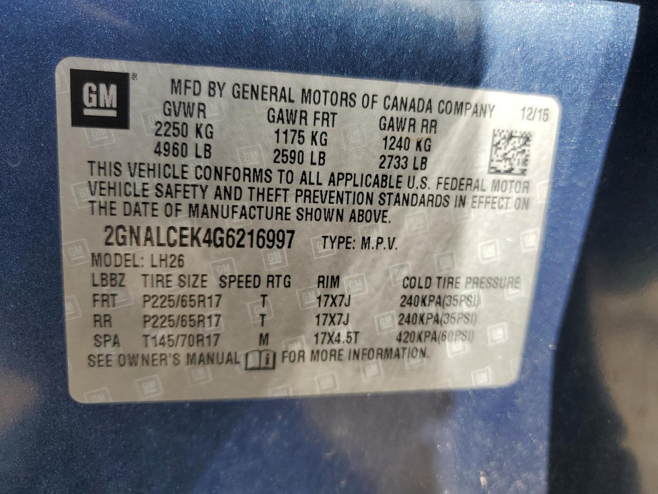 2016 Chevrolet Equinox Lt VIN: 2GNALCEK4G6216997 Lot: 81316795