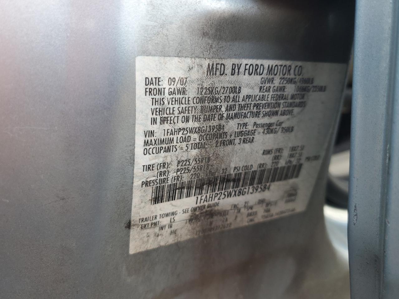 2008 Ford Taurus Limited VIN: 1FAHP25WX8G139584 Lot: 71968205
