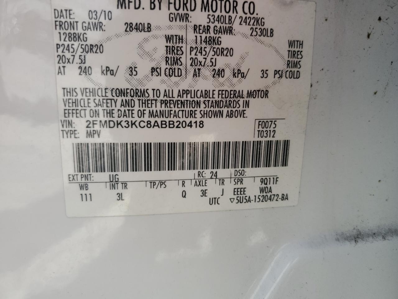 2010 Ford Edge Limited VIN: 2FMDK3KC8ABB20418 Lot: 80839585