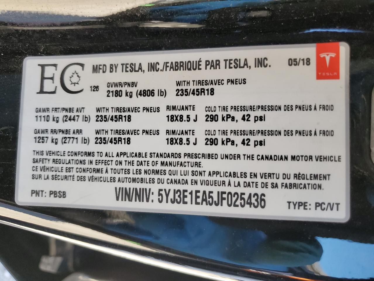2018 Tesla Model 3 VIN: 5YJ3E1EA5JF025436 Lot: 81195025