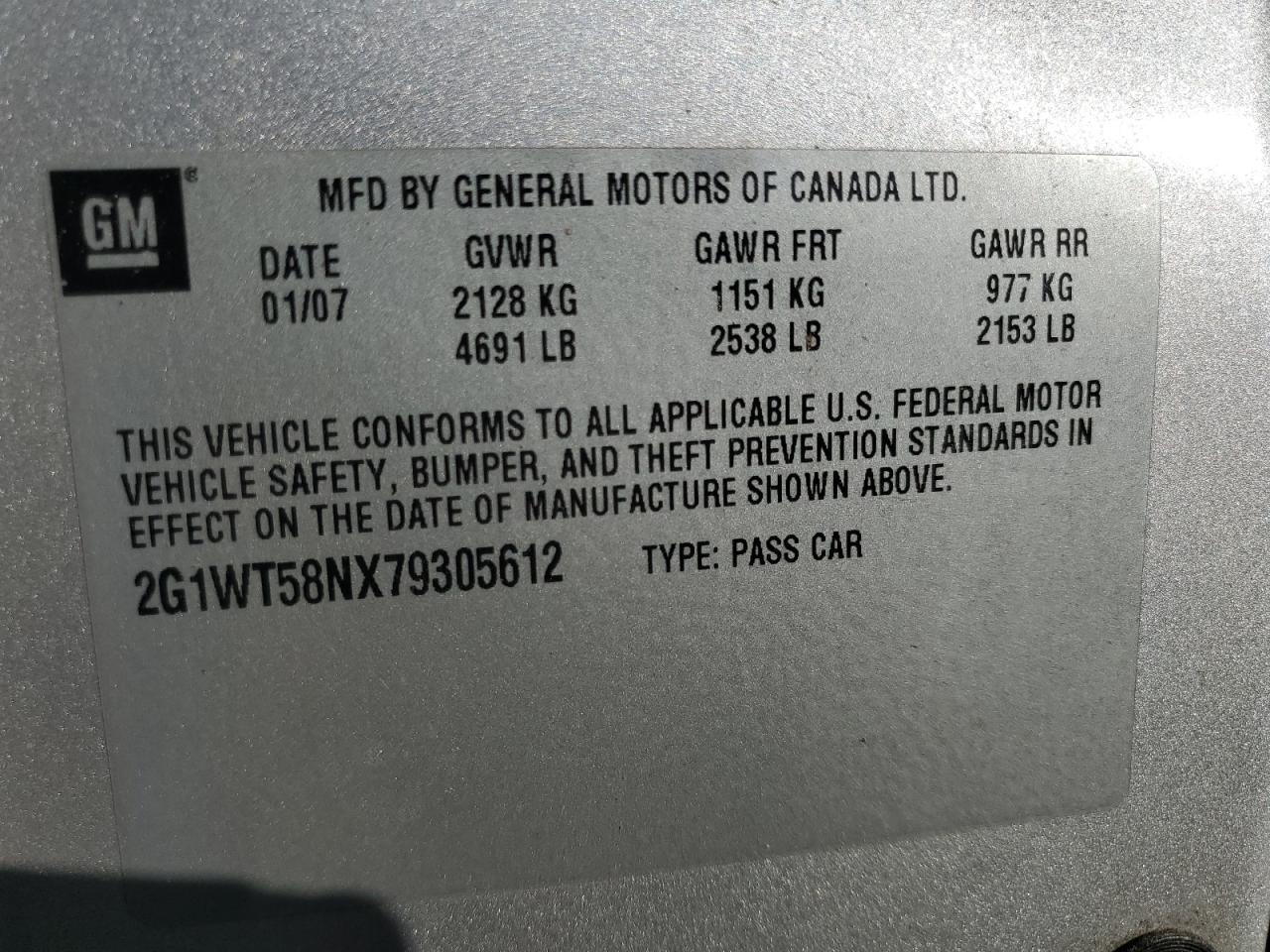 2007 Chevrolet Impala Lt VIN: 2G1WT58NX79305612 Lot: 80430735