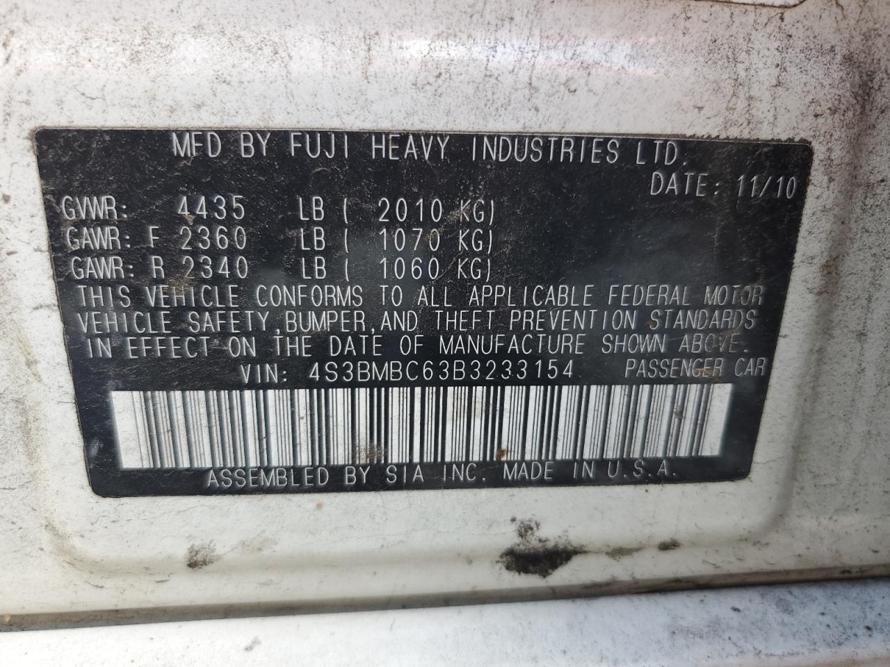 2011 Subaru Legacy 2.5I Premium VIN: 4S3BMBC63B3233154 Lot: 84275395